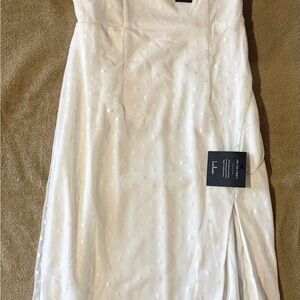 Lulus Amazing Glamour White Polka Dot Mesh One-Shoulder Midi Dress